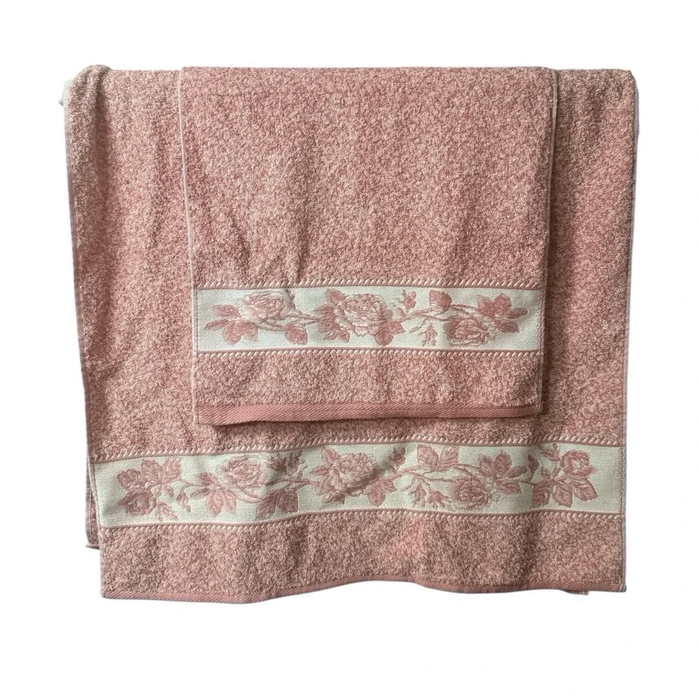 Vintage Celebrity By Santens 100% Cotton Embroidered Floral Pink Towel Set 80's